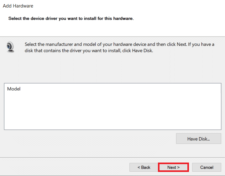 Haga clic en el modelo de cámara web y haga clic en Siguiente.  Cómo reparar la cámara de la computadora portátil no detectada en Windows 10