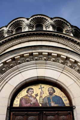 Mosaic on the facade of the Alexander Nevsky Cathedral in Sofia Bulgaria