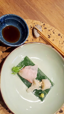 Sashimi course that includes Amberjack, Giant Clam, and Sea Scallop with aged soy and fresh wasabi at Nodoguro SupaHardCore May 29, 2016