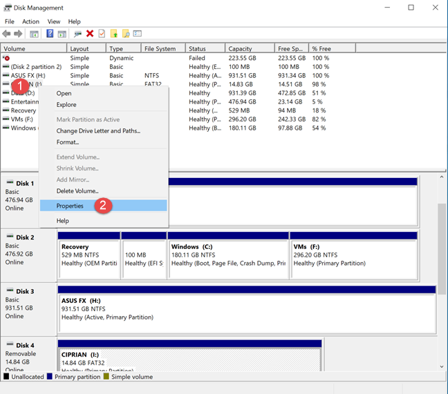 คลิกขวาและเลือก Properties in Disk Management