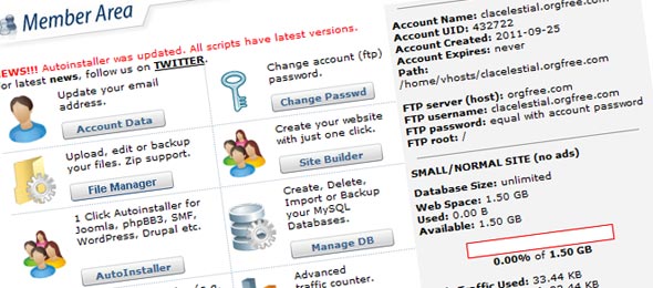 Painel de controle do free web host area.