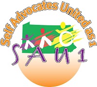 The Self Advocates United as 1 Logo has our name and initials. It includes outlines of people in different colors, one using a wheelchair and two walking, to reflect SAU1's diversity. There is an outline of Pennsylvania and sunrise colors.