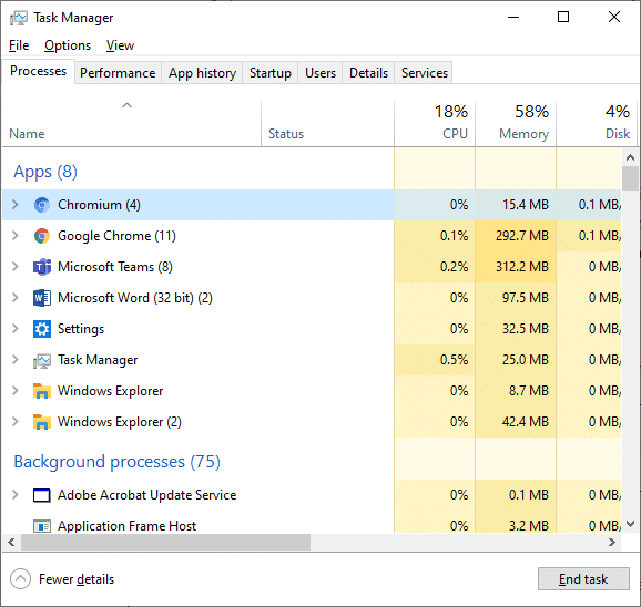 现在，在 Processes 选项卡中，检查是否有两个或更多 Chromium 实例。 如何卸载铬 Windows 10