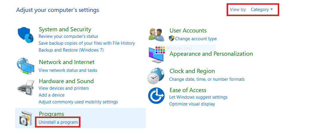 Nastavte Zobrazit podle jako kategorii a klikněte na Odinstalovat program.  Oprava ERR NETWORK CHANGED ve Windows 10