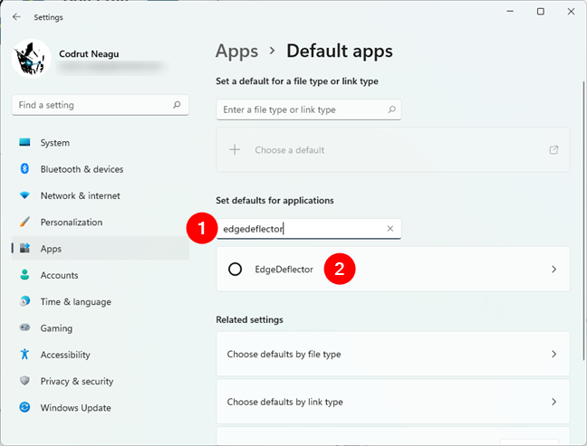 Búsqueda de EdgeDeflector en las aplicaciones predeterminadas de la configuración