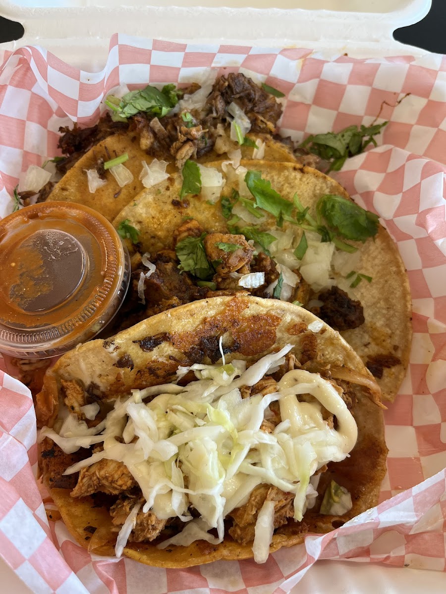 @Los Rolling Tacos - trio of tacos (from back to front: Birria, Al Pastor, Tinga). The Birria was the favourite