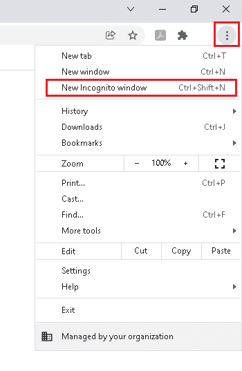 次に、強調表示されている[新しいシークレットウィンドウ]を選択します