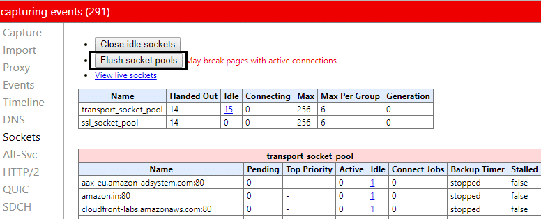 Теперь нажмите Очистить пулы сокетов, чтобы очистить сокеты SPDY.