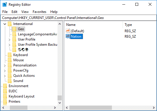 [International]、[Geo in Registry]の順に移動し、[NationString]をダブルクリックします。