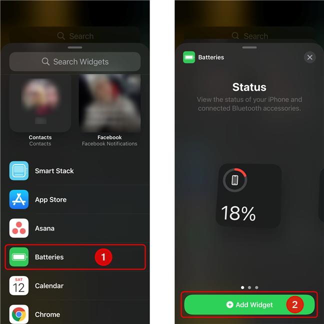 Ubique la sección del widget Baterías, tóquela, luego toque Agregar widget