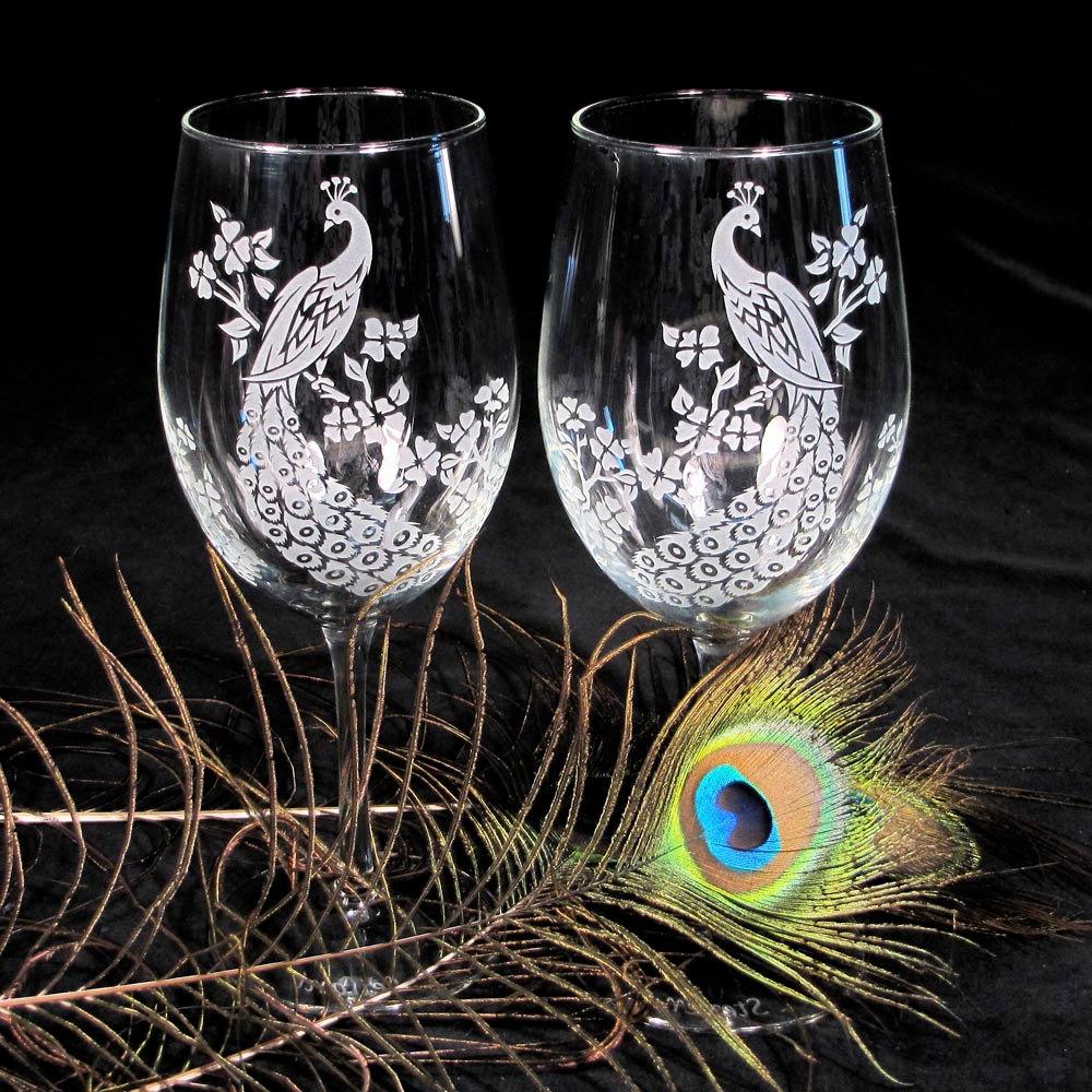 4 Peacock Wedding Wine Glasses