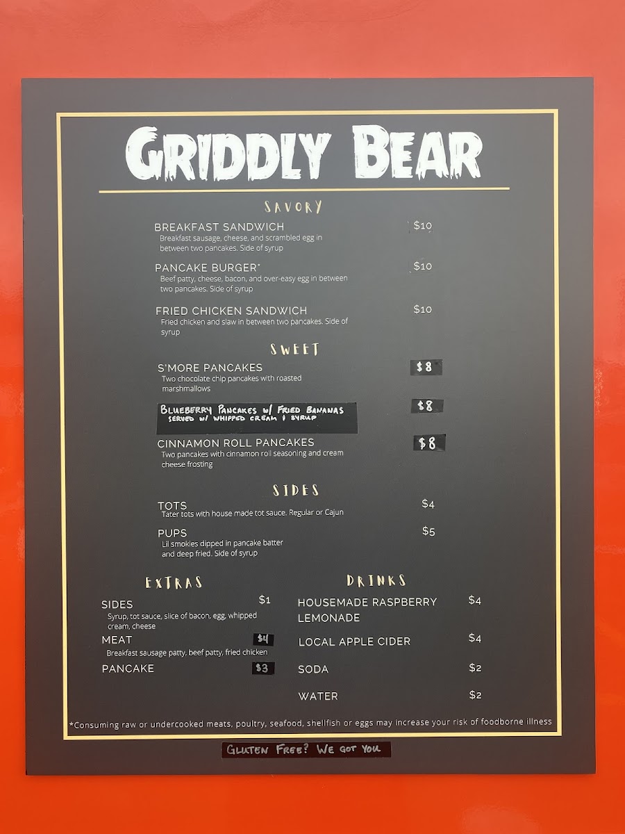 Griddly Bear gluten-free menu