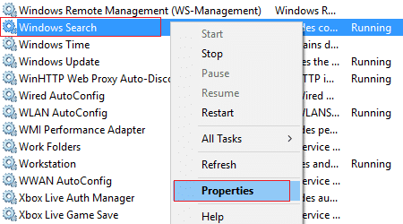 haga clic derecho en Búsqueda de Windows y seleccione Propiedades