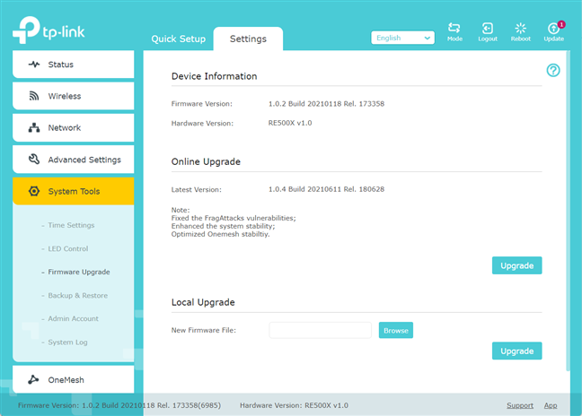 Рекомендуется обновить прошивку на TP-Link RE500X.