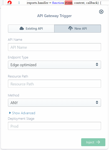 API Gateway configuration pop-up, ready to accept your serverless webhook configs