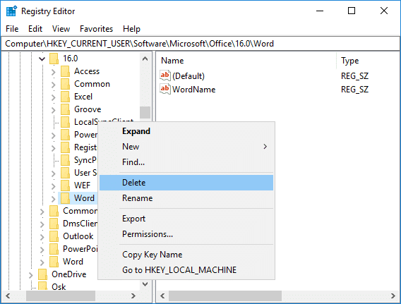 คลิกขวาที่คีย์รีจิสทรี Data หรือ Word และเลือกตัวเลือก Delete