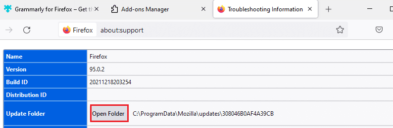 Teraz w oknie Podstawy aplikacji kliknij Otwórz folder w obszarze Folder aktualizacji.  Napraw brak dźwięku w Firefoksie w systemie Windows 10