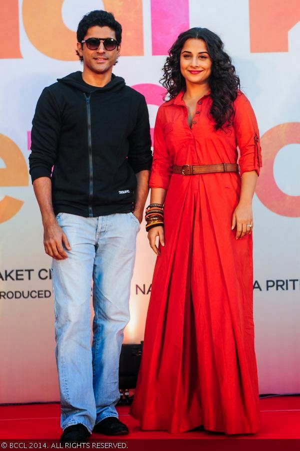 Farhan Akhtar and Vidya Balan are all smiles during the promotion of their movie Shaadi Ke Side Effects at Film City, in Mumbai, on February 14, 2014.