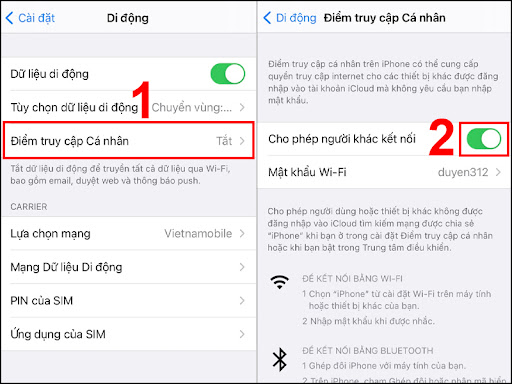 Bật Điểm truy cập Cá nhân để chia sẻ WiFi