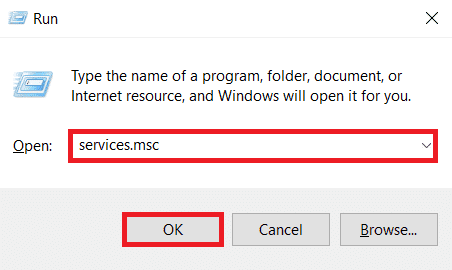 Nhập services.msc như sau và nhấp vào OK để khởi chạy cửa sổ Dịch vụ.  Sửa lỗi Windows không thể tìm kiếm bản cập nhật mới