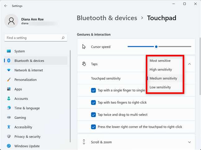 How to change the touchpad sensitivity in Windows 11