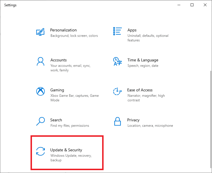 Ahora, seleccione Actualización y seguridad.  Solucionar el error de la pantalla amarilla de la muerte en Windows 10