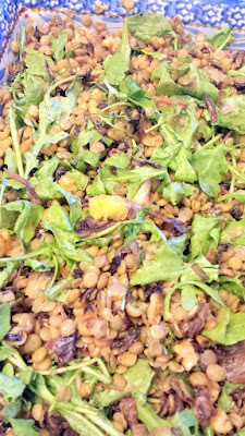 The Vegetarian Lentil Salad with Roasted Oranges and Radicchio as part of the food spread