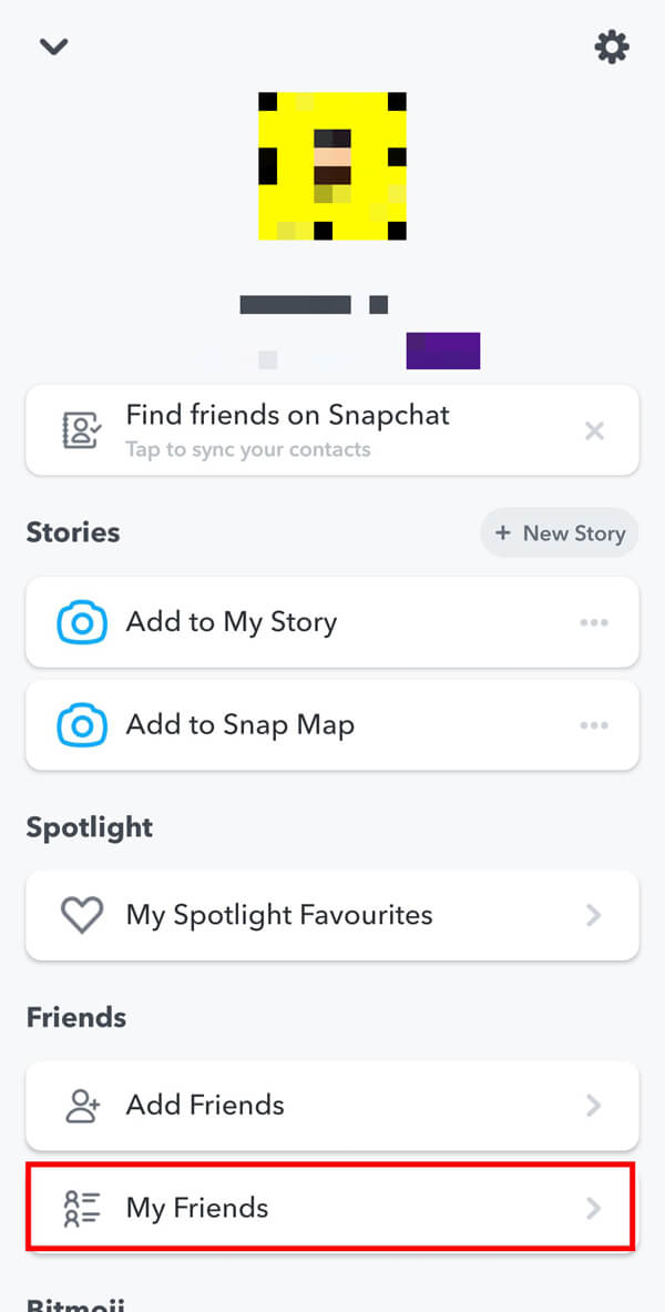chạm vào tùy chọn "Bạn bè của tôi" có sẵn trong phần "Bạn bè".  |  Cách tăng điểm Snapchat của bạn