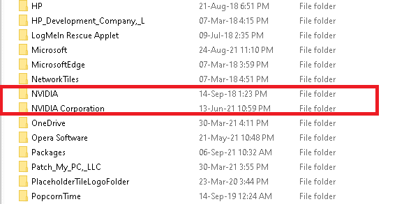 supprimer les dossiers NVIDIA du dossier de données de l'application locale