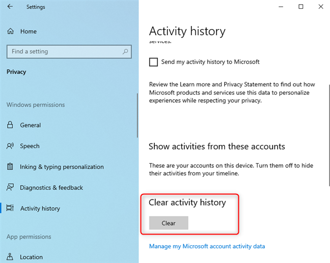 Borrar el historial de actividad en Windows 10