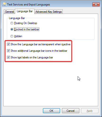 Opzioni aggiuntive per la barra della lingua in Windows 7