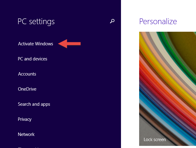 Windows 8.1을 정품 인증해야 한다고 표시하는 PC 설정 화면