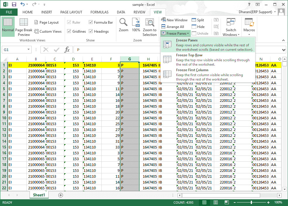 列Fをフリーズする場合は、列Gを選択し、以下の手順に従います。 Excelで行をフリーズし、Excelで列をフリーズする方法