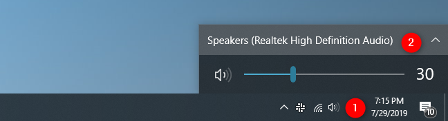 De Sound-flyout vanuit het systeemvak van Windows 10