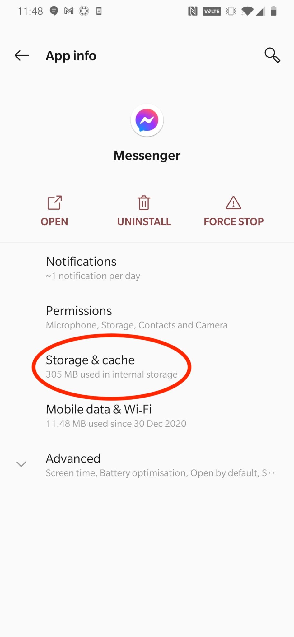 Appuyez sur Stockage et cache