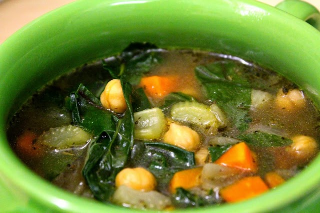 Close up of swiss chard soup.