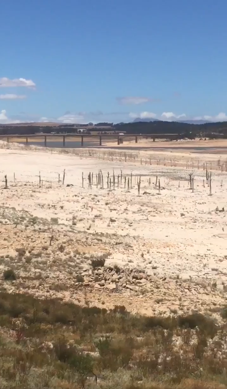 Cape Town's largest reservoir, Theewaterskloof, on 24 January 2018. The reservoir is nearly empty, and 'Day Zero', when Cape Town runs out of water, was estimated to happen on 12 April 2018. Photo: Alistair Coy