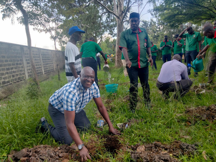 Knut national vice chairman Aggrey Namisi with MM Shah primary headteacher Michael Oriedi during a tree planting exercise at Nyamasaria primary school in Kisumu.