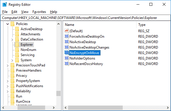 Noem deze nieuw gemaakte DWORD NoEncryptOnMove en druk op Enter.