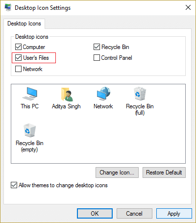 Zaznacz opcję Pliki użytkownika i kliknij Zastosuj, a następnie OK w Ustawieniach ikon pulpitu