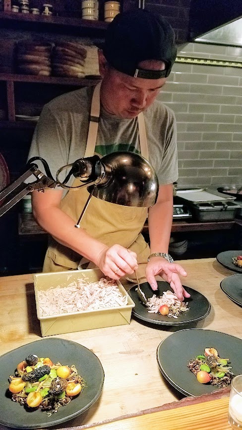 Langbaan Chefs Who Inspire Dinner with Edouardo Jordan of Salare and Junebaby, a collaboration with Chef Earl Ninsom of Langbaan to benefit Farestart. Southern Thai rice berry salad with morel mushrooms, cherry, peaches, celtuce, fava beans, and frozen duck liver