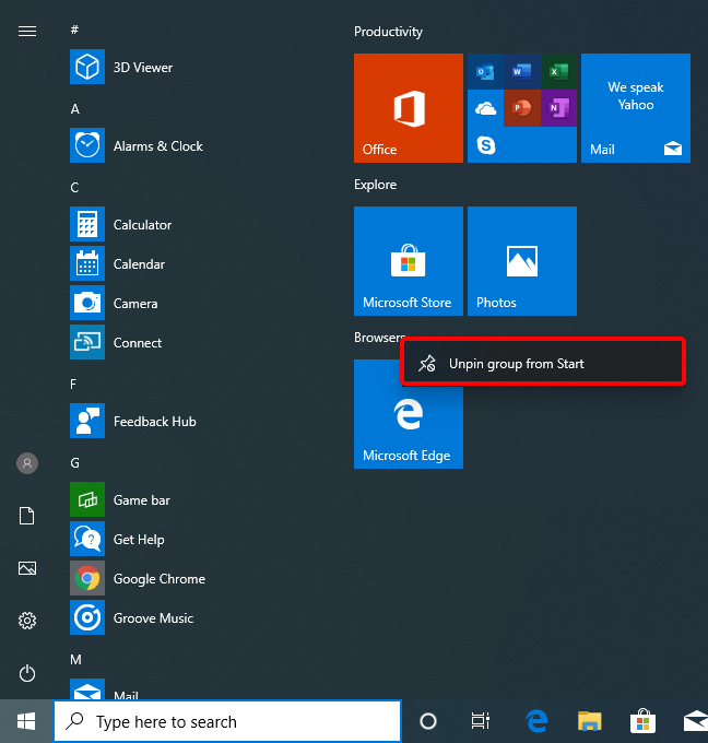 Bỏ ghim nhóm khỏi Bắt đầu trong Bản cập nhật Windows 10 tháng 5 năm 2019