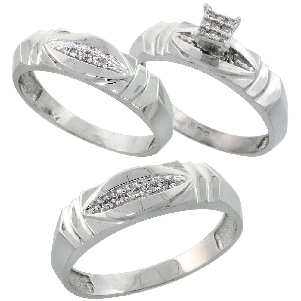 Sterling Silver 3-Piece Trio His  6mm  & Hers  5mm  Diamond Wedding Band Set