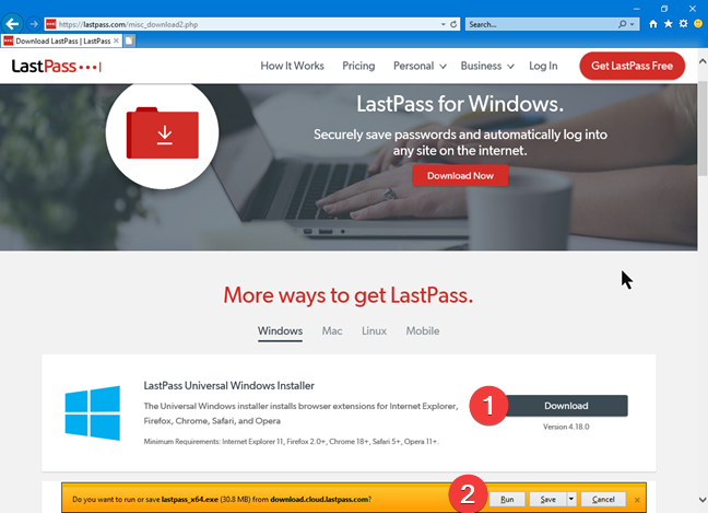 Página de descarga de LastPass con el complemento de Internet Explorer