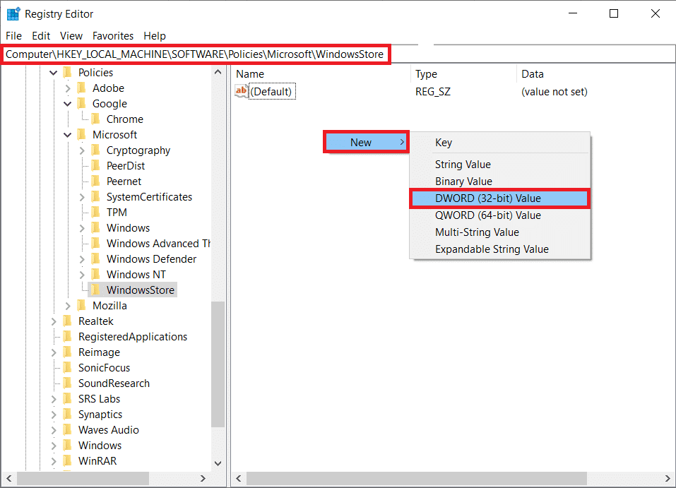 Fare clic con il pulsante destro del mouse in un punto qualsiasi del riquadro di destra e fare clic su Nuovo seguito da Valore DWORD.  Denominare il valore come RemoveWindowsStore.  Come risolvere l'utilizzo elevato del disco WSAPX in Windows 10