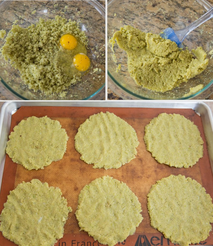 process photo collage showing how to mix the green cauliflower batter and roll out the tortillas