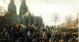 Street gathering by Cologne Cathedral, Cologne, Germany.