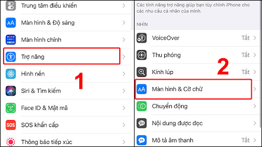 Vào Cài đặt chọn Trợ năng và vào Màn hình & Cỡ chữ