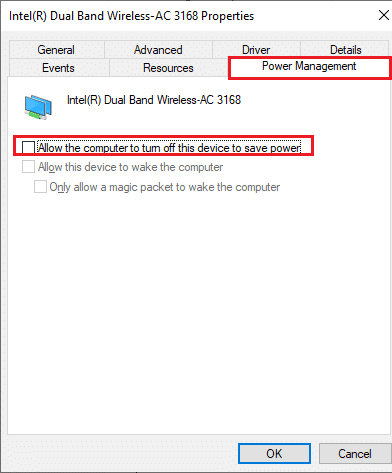 En la ventana Propiedades, cambie a la ventana Administración de energía y desmarque la opción Permitir que la computadora apague este dispositivo para ahorrar energía.  Arreglar la opción WiFi que no se muestra en Windows 10