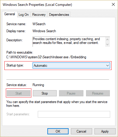 Asegúrese de que el tipo de inicio esté configurado en Automático y haga clic en Inicio para el Servicio de búsqueda de Windows